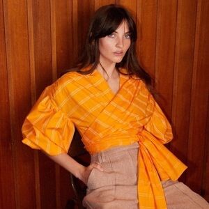 Acler The Wyatt Puff Balloon Sleeve Cropped Wrap Top Pumpkin Stripe Size 10